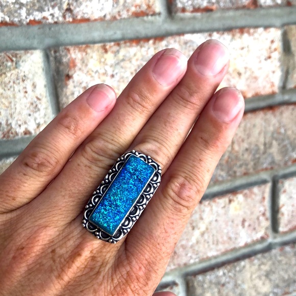 Sterling Silver 925 Rectangle Titanium Druzy Gemstone Handmade Ring Size 8 - Picture 4 of 6